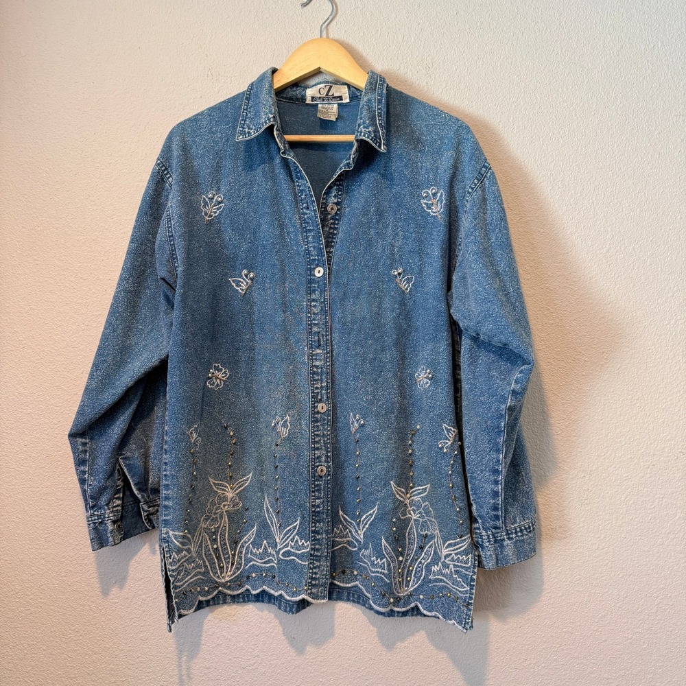 Club Z Denim Acid Wash Embroidered Butterfly Studded Scalloped Hem Shirt Small